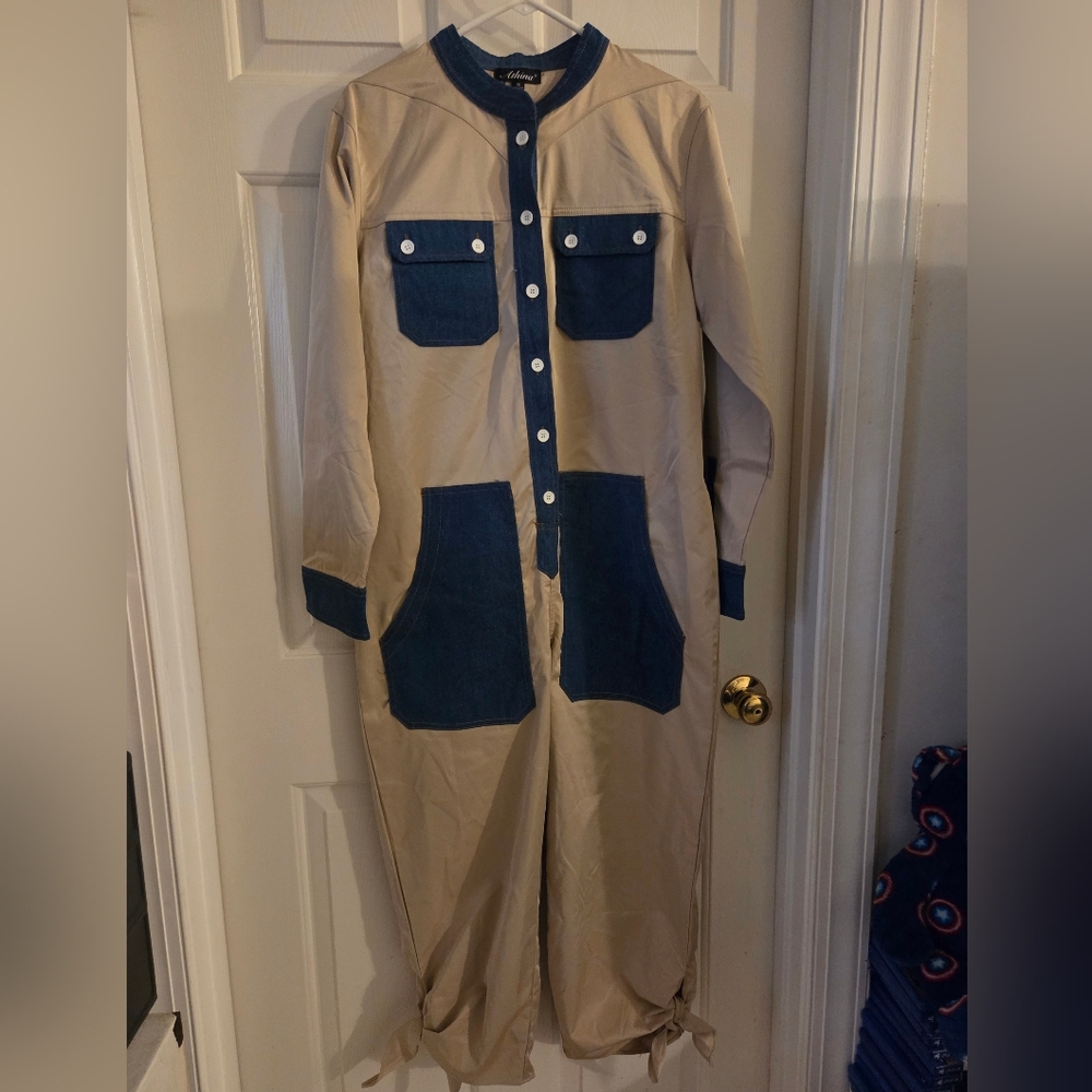 NWOT!!! Stylish Tan and Blue Jumpsuit